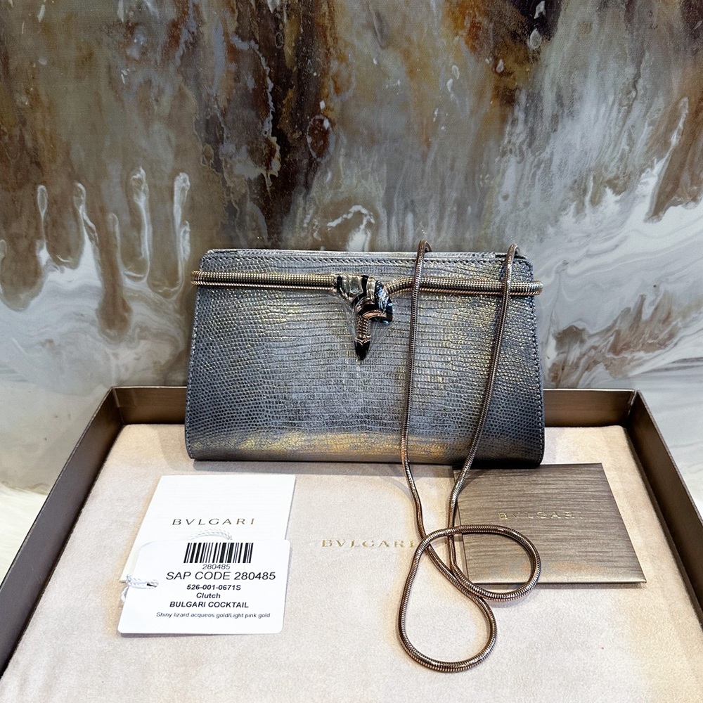 Bvlgari Serpenti "Tubogas" Stingray Lizard Metallic Chain Clutch. NEW WITH BOX - Picture 15 of 15